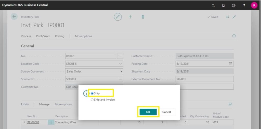 HOW TO SHIP ITEMS WITH INVENTORY PICKS IN D 365 BUSINESS CENTRAL