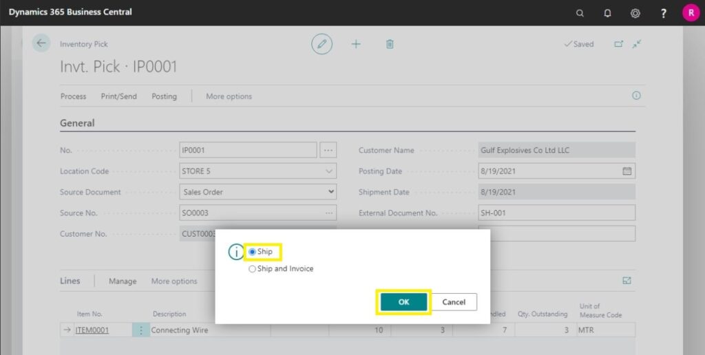 HOW TO SHIP ITEMS WITH INVENTORY PICKS IN D 365 BUSINESS CENTRAL