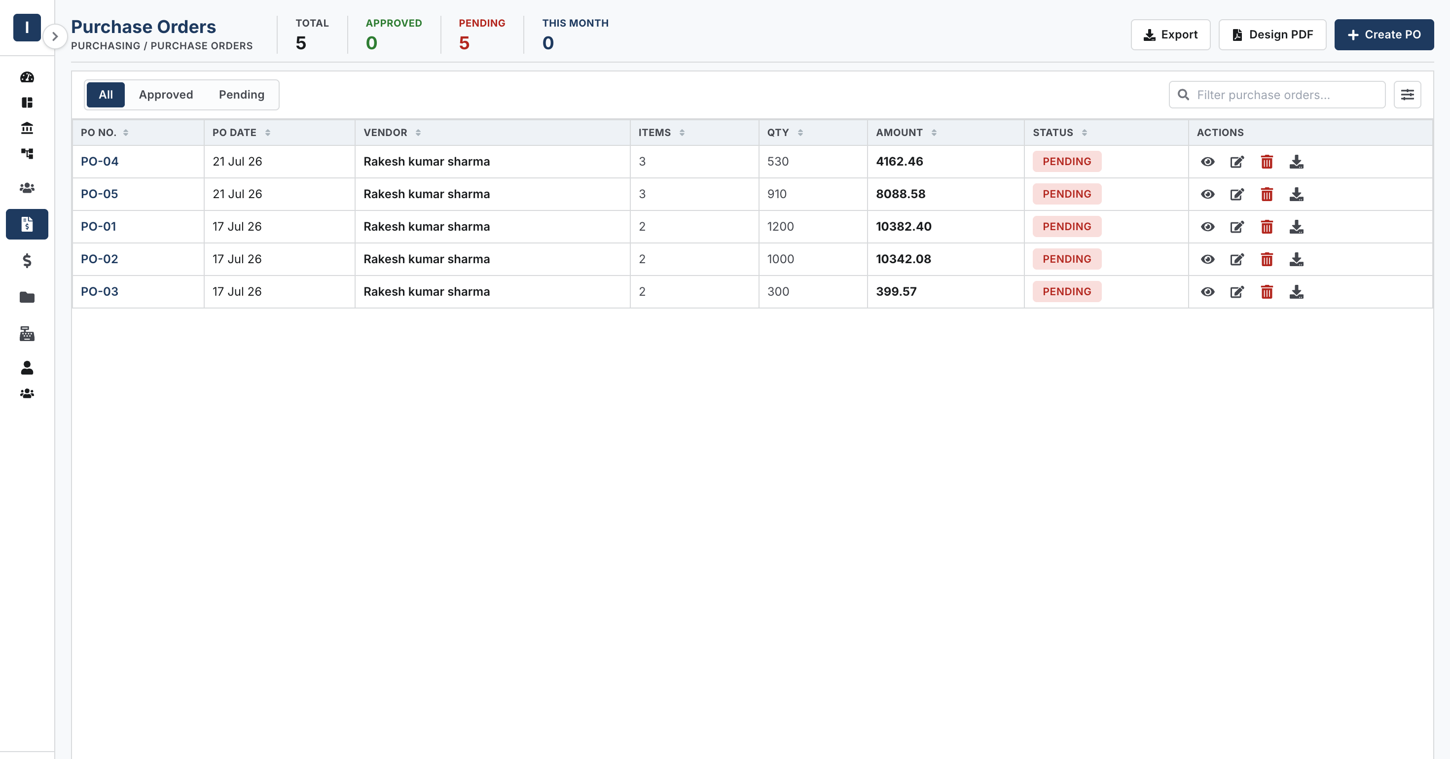 Purchase Order Management Interface